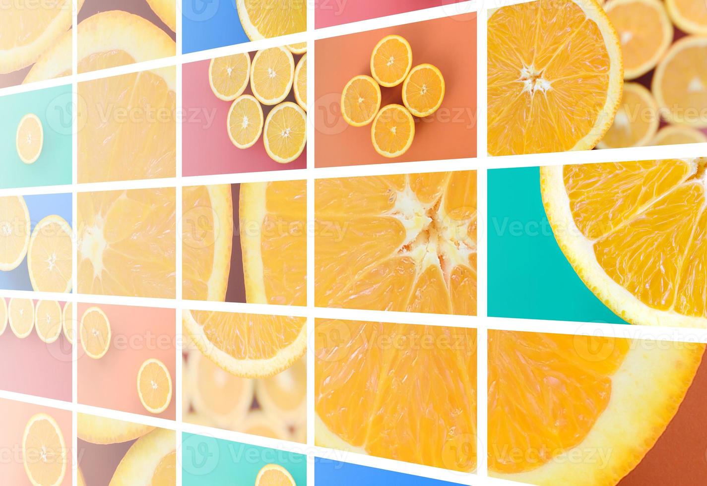 A collage of many pictures with juicy oranges. Set of images with fruits and different colors photo