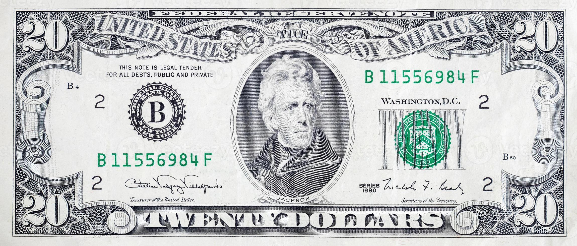 Portrait of US president Andrew Jackson on 20 dollars banknote closeup