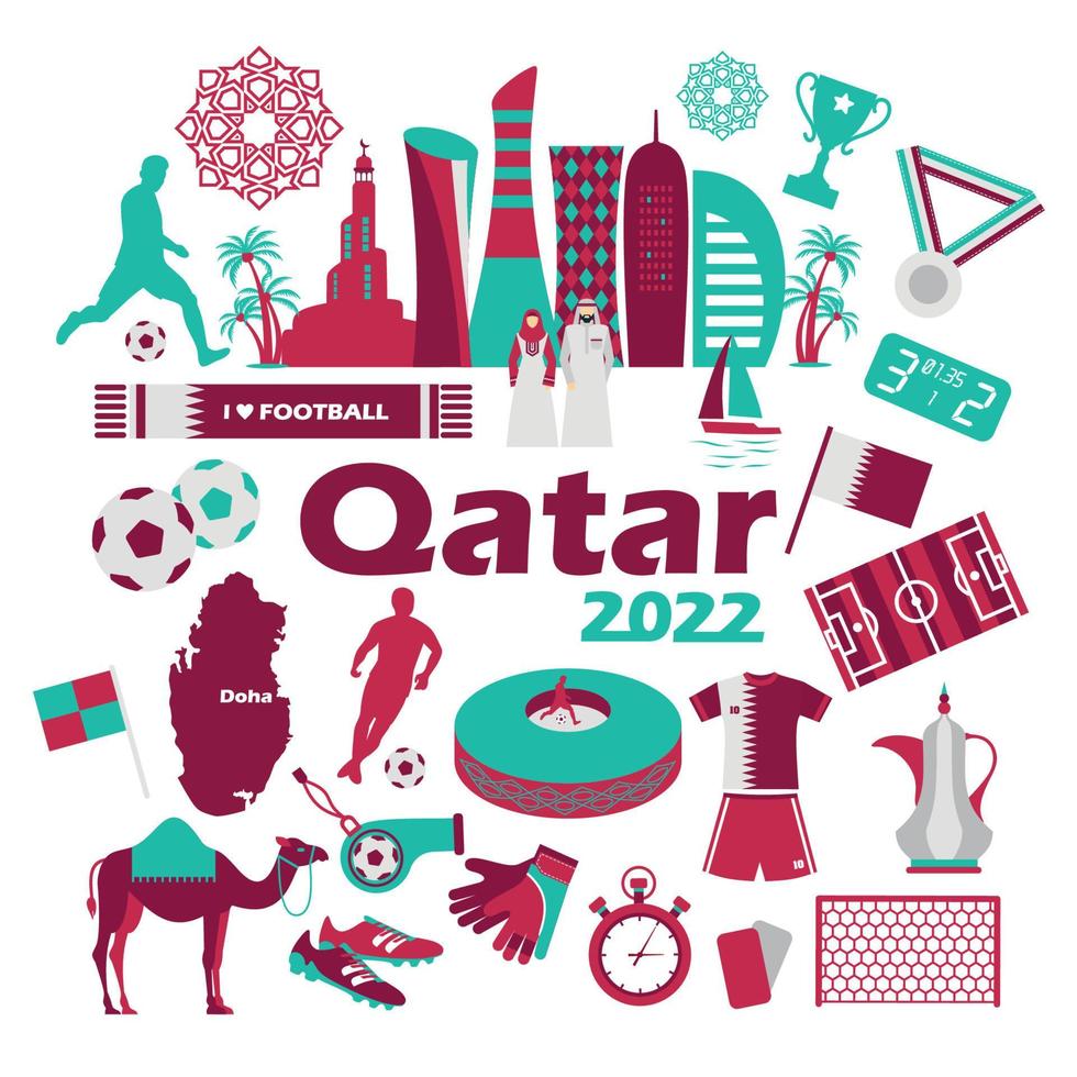 Football championship Qatar Doha 2022, icon set in color national flag