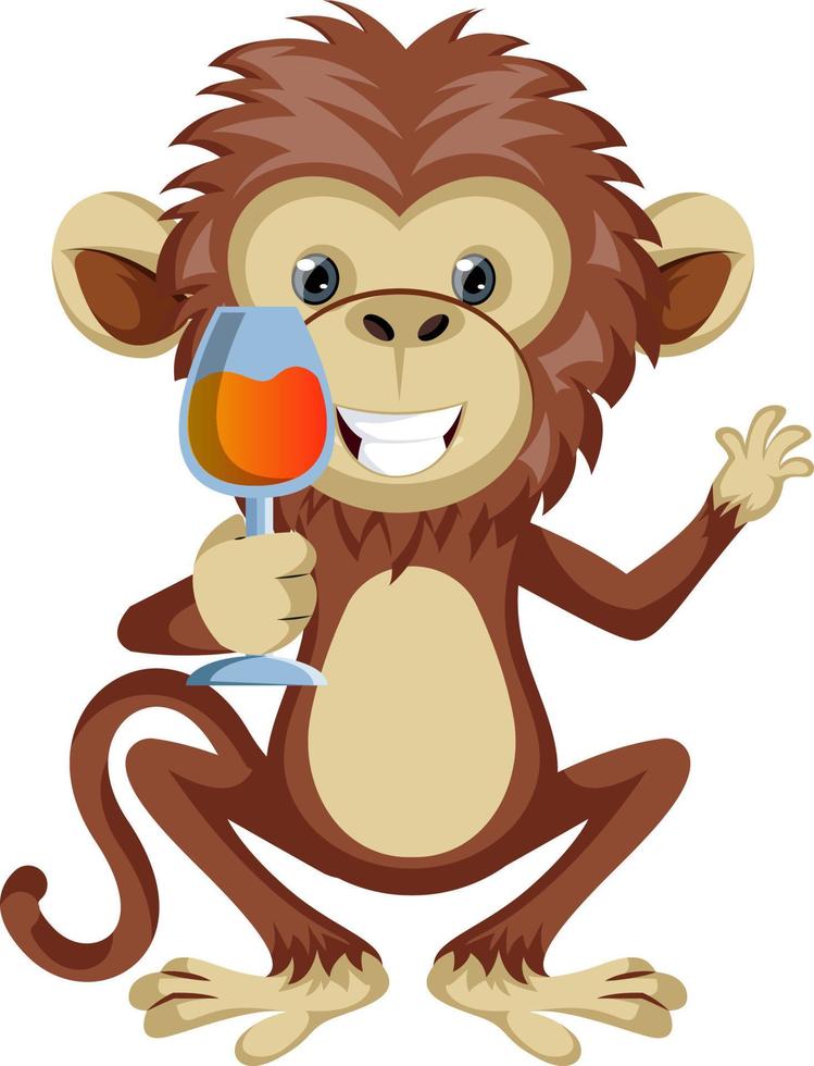 Monkey with glass of wine, illustration, vector on white background.