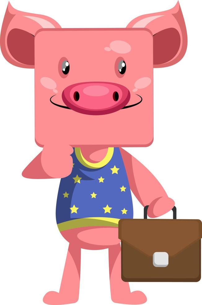Pig with suitcase, illustration, vector on white background.