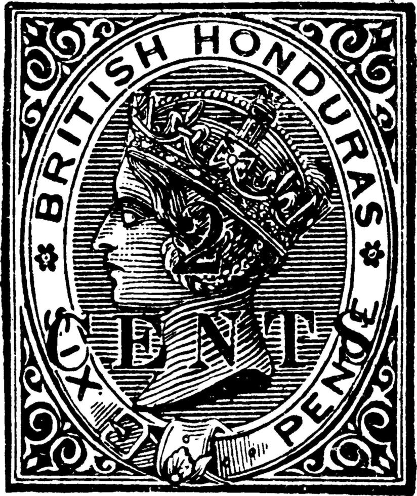 British Honduras Six Pence Stamp in 1888, vintage illustration. vector