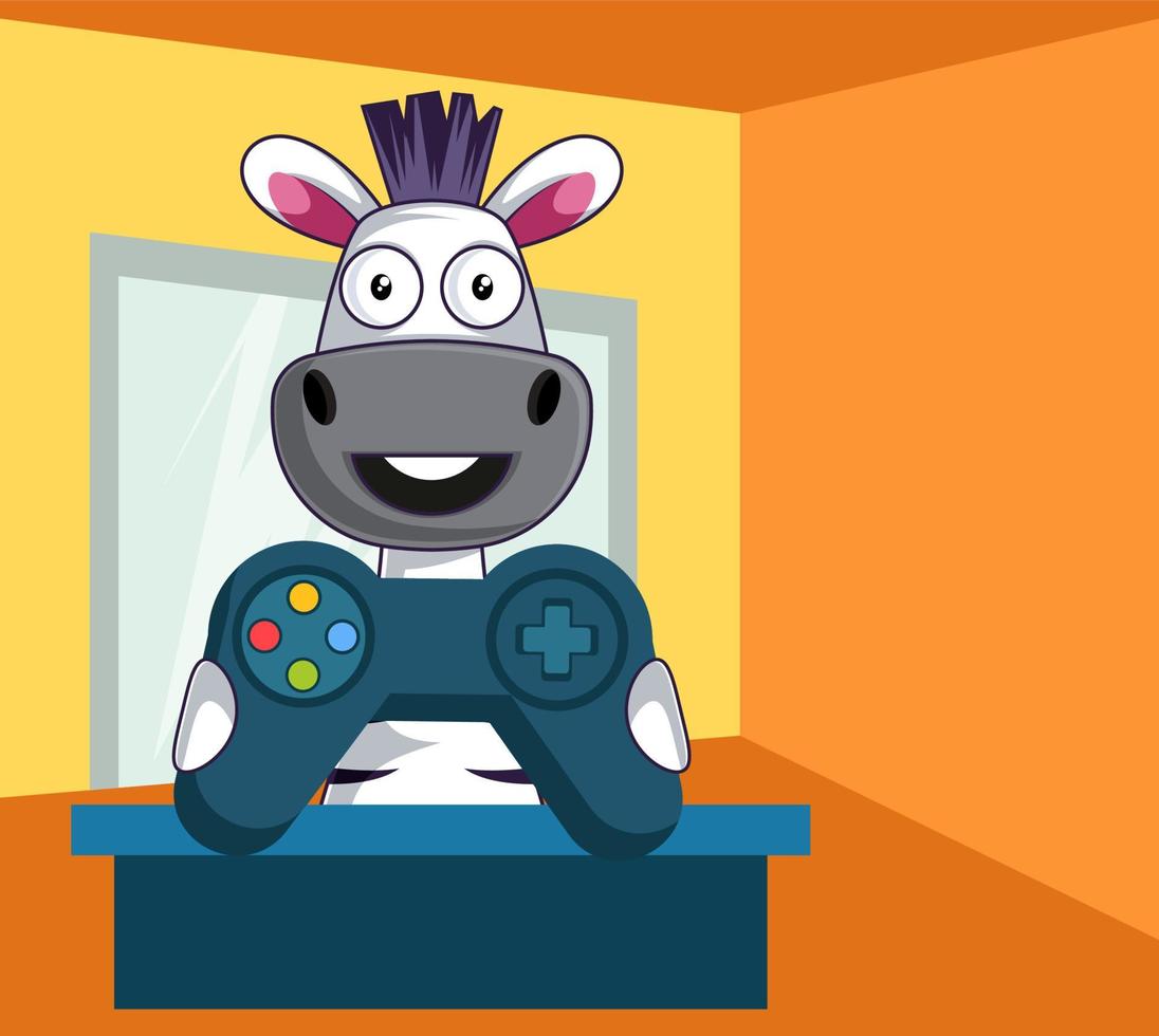 Zebra con gamepad, ilustración, vector sobre fondo blanco.