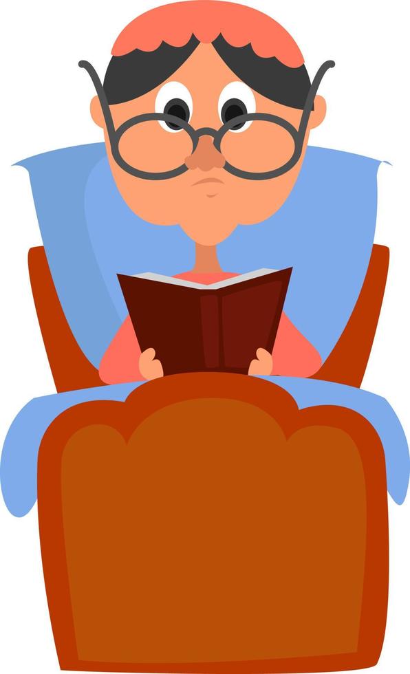 Granny reading book, illustration, vector on white background