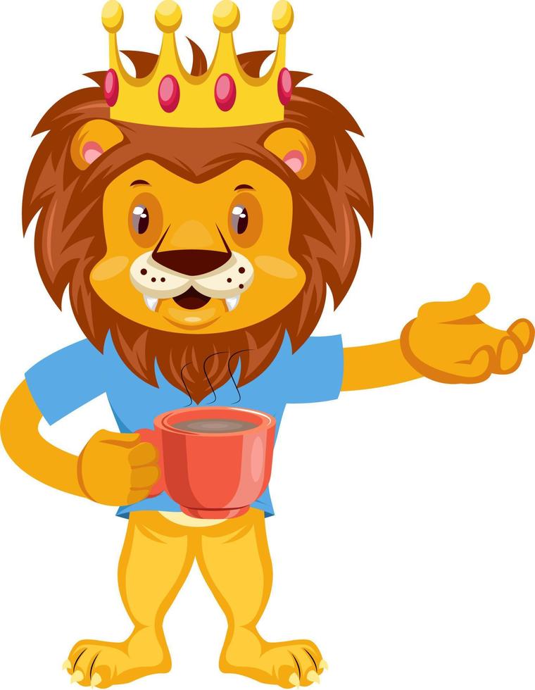Lion with coffee, illustration, vector on white background.