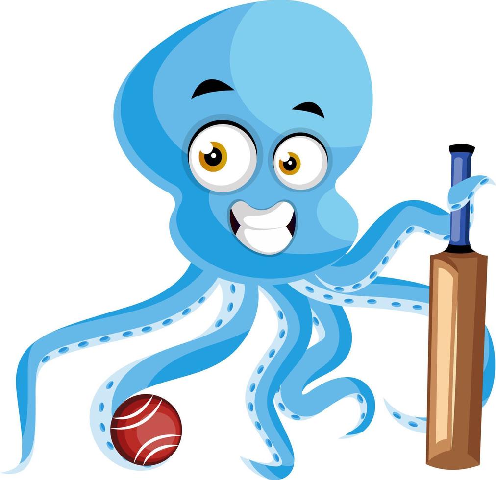 Octopus with baseball bat, illustration, vector on white background.