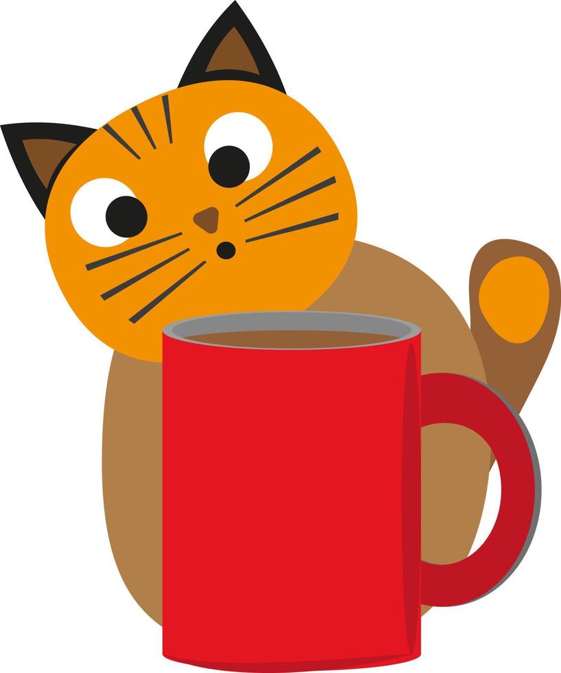 Cat with red cup, illustration, vector on a white background.