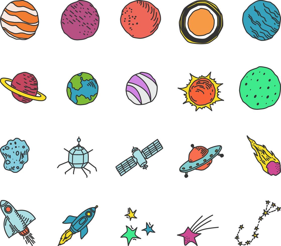 paquete de iconos de objetos espaciales, ilustración, vector, sobre un fondo blanco. vector