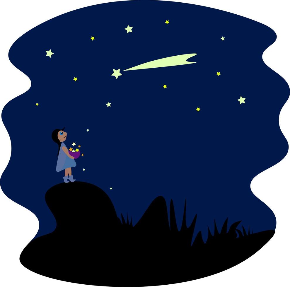 Girl looking at sky, illustration, vector on white background.