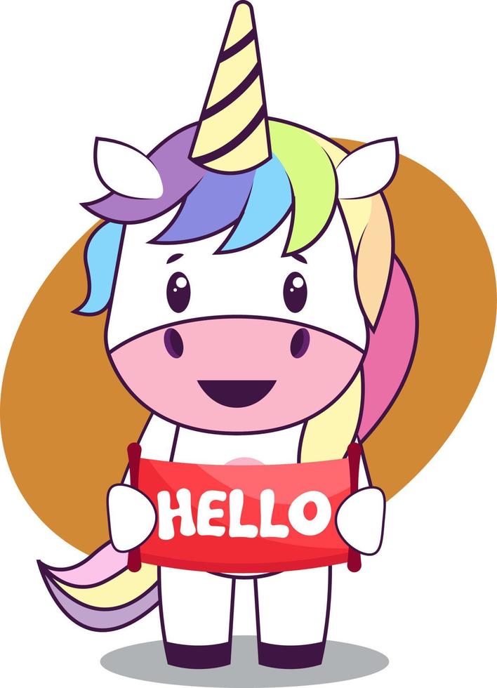 Unicorn with hello sign, illustration, vector on white background.