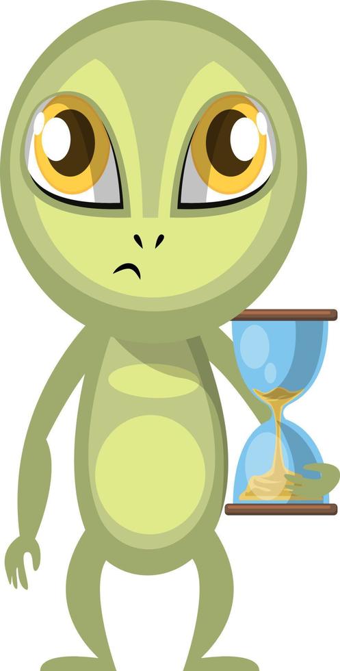 Alien with sand clock, illustration, vector on white background.