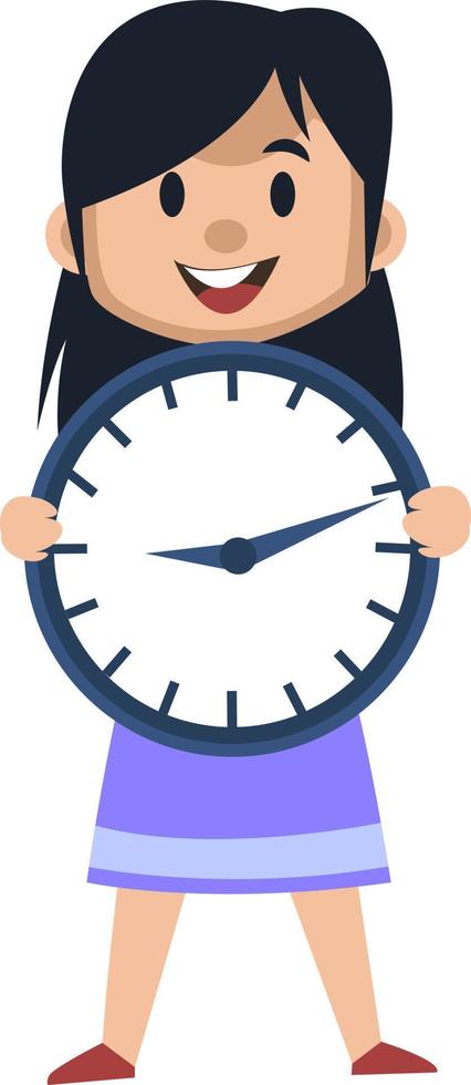 Girl with big clock, illustration, vector on white background.