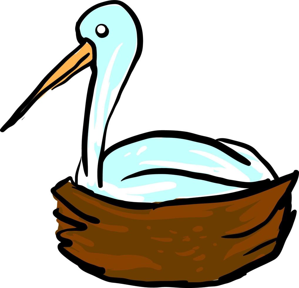 Blue stork in a nest, illustration, vector on white background.