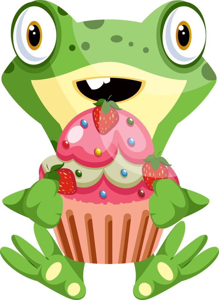 Cute baby frog holding a cupcake with the strawberries, illustration, vector on white background.