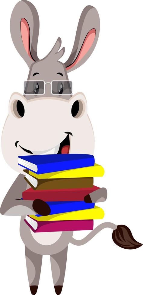 Donkey with books, illustration, vector on white background.
