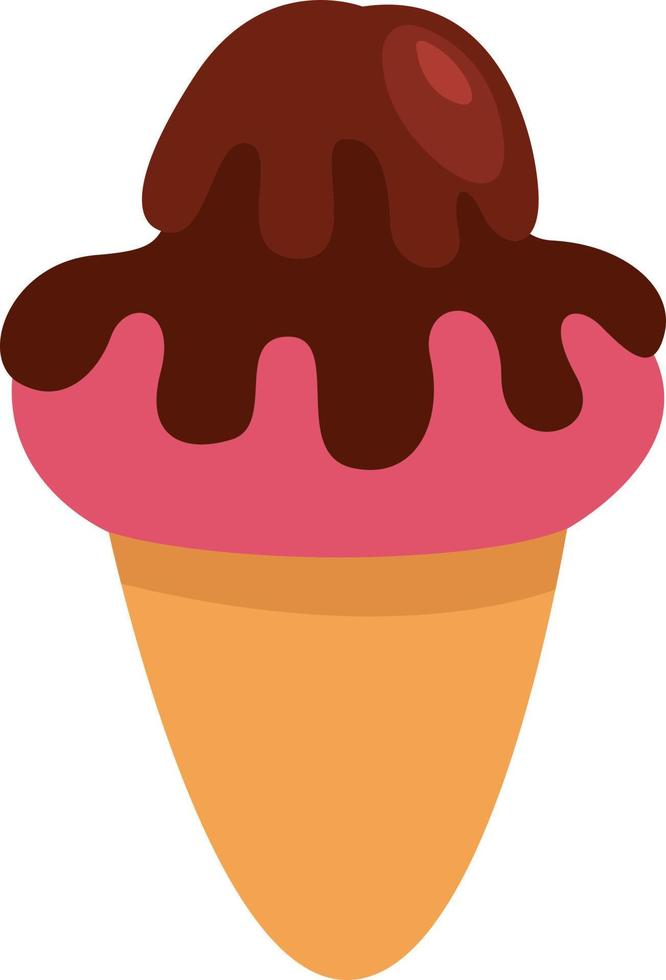 Pink ice cream with chocolate in cone, illustration, vector on a white background.