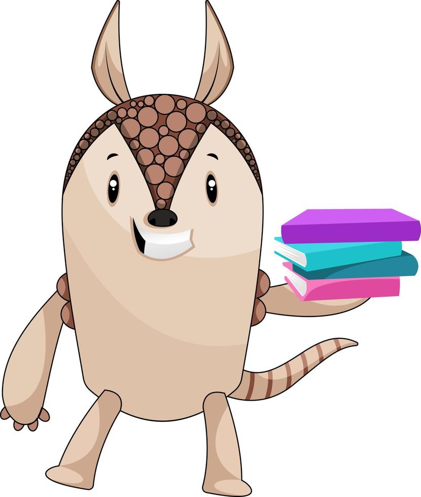 armadillo sosteniendo libros, ilustración, vector sobre fondo blanco.