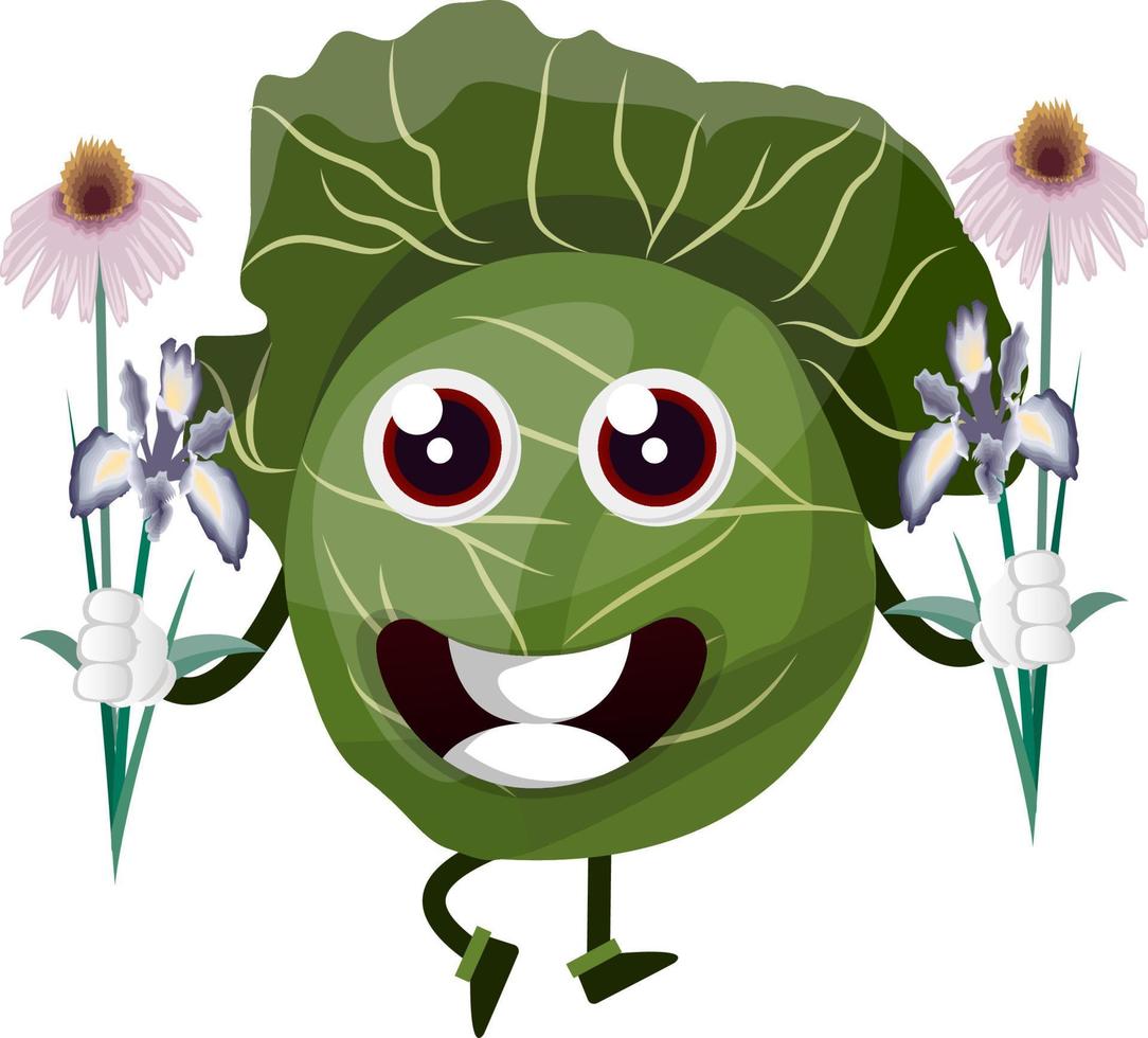 Cabbage with flowers, illustration, vector on white background.