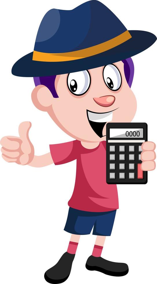Boy holding calculator, illustration, vector on white background.