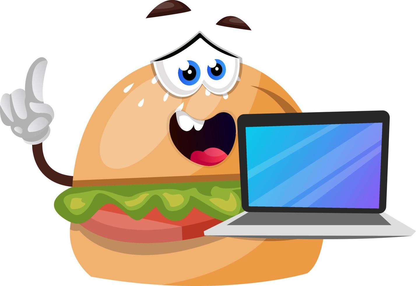 Hamburguesa con portátil, ilustración, vector sobre fondo blanco.