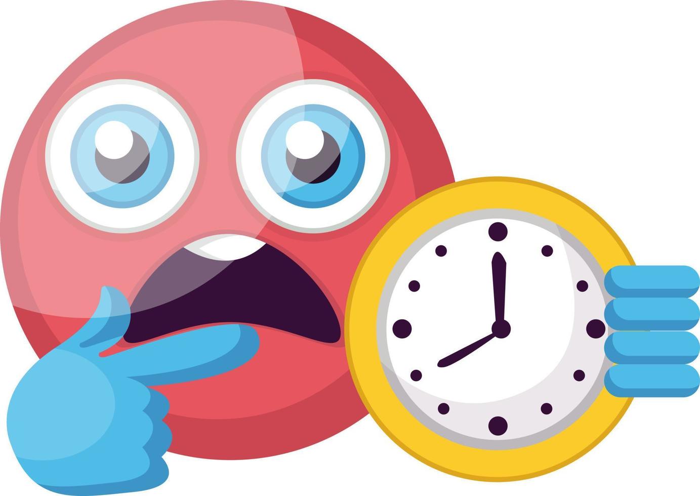 Round pink frustrated emoji showing clock vector illustration on a white background