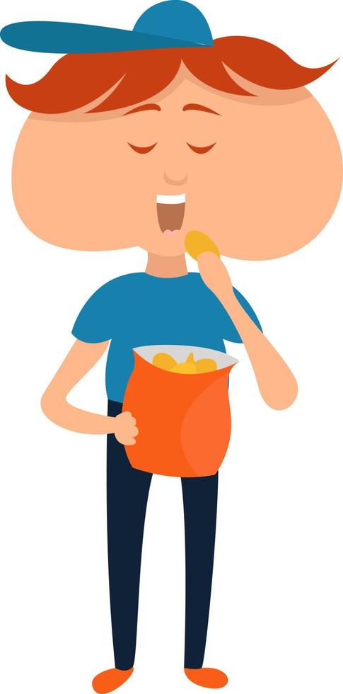 niño comiendo papas fritas, ilustración, vector sobre fondo blanco.