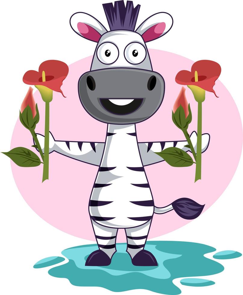 Zebra with flowers, illustration, vector on white background.