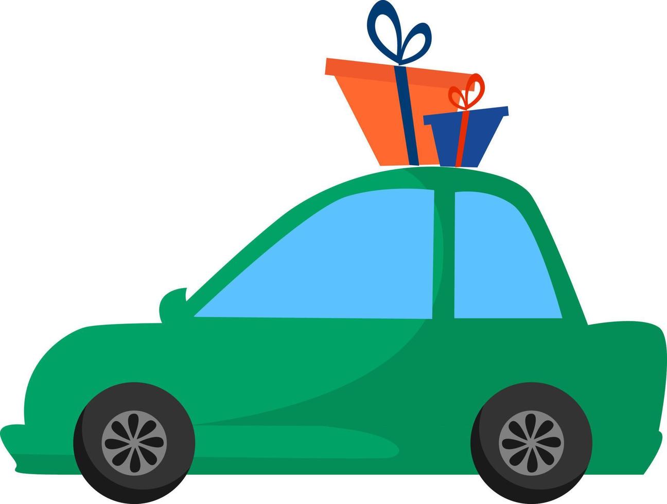 Green car with presents, illustration, vector on white background.
