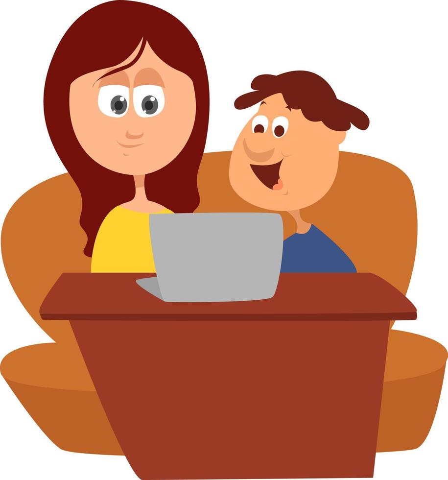 Mother and son watching movie, illustration, vector on white background