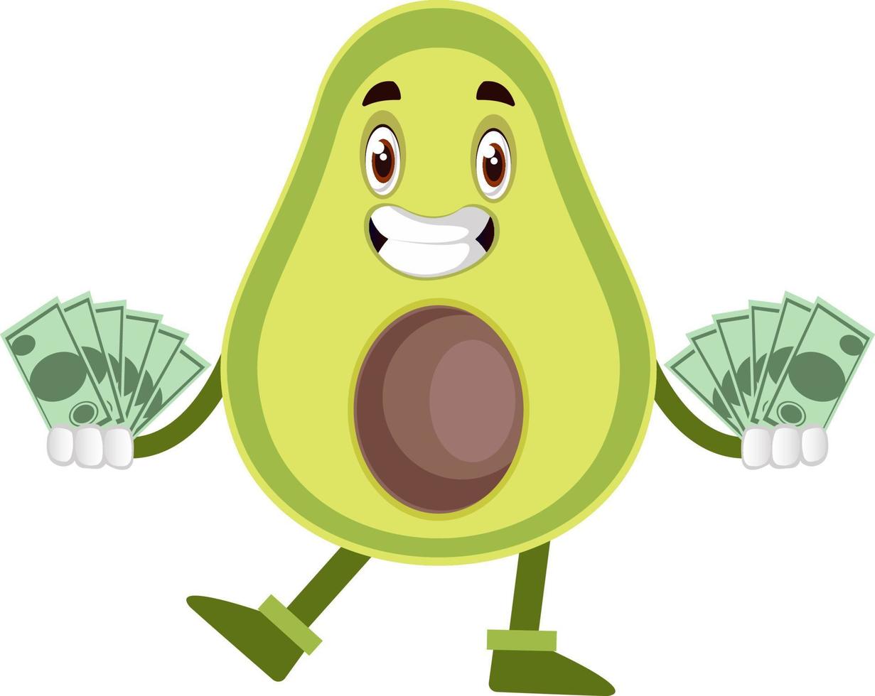 Avocado with money, illustration, vector on white background.