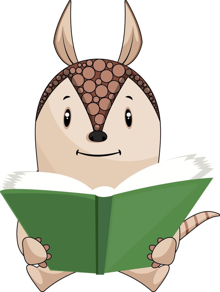 Libro de lectura de armadillo, ilustración, vector sobre fondo blanco.