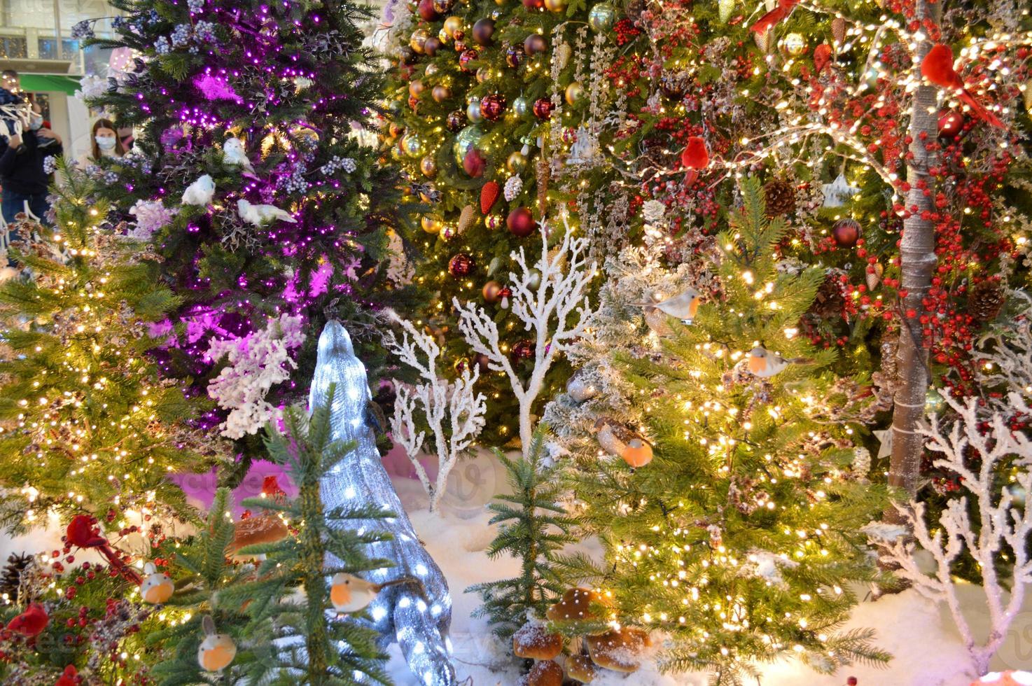 tema de navidad joven y hermosa chica europea sobre un fondo de un árbol de navidad, luces y juguetes en un estado de ánimo alegre, feliz foto