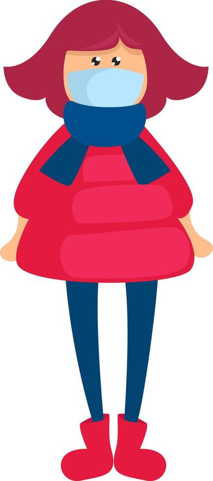 Girl in a red jacket and blue scarf, illustration, vector on a white background.