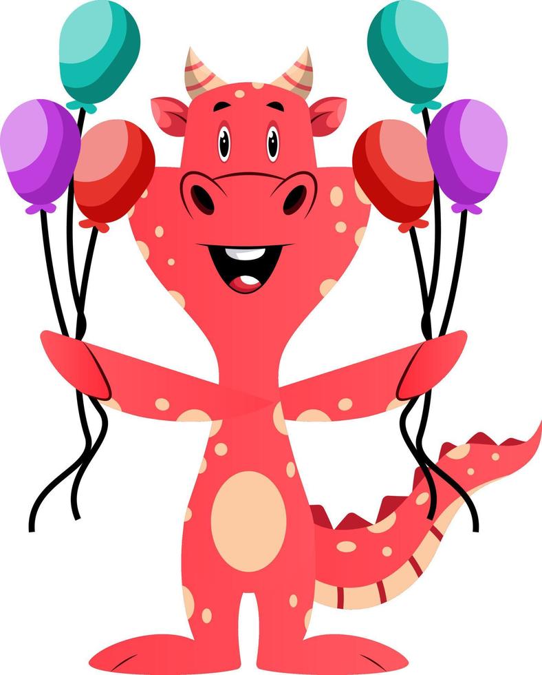 Red dragon is holding balloons, illustration, vector on white background.