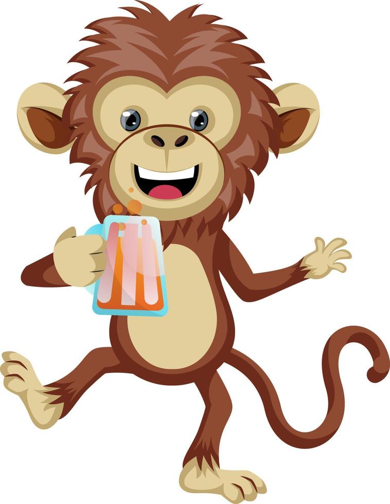 Monkey with beer, illustration, vector on white background.