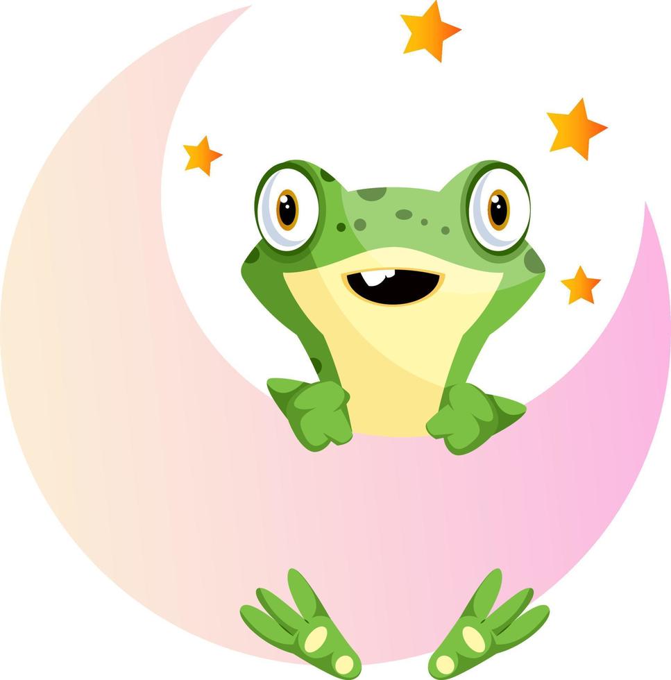 Lindo bebé rana sosteniendo en la luna, ilustración, vector sobre fondo blanco.
