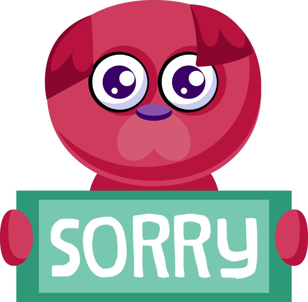 Deep pink puppy holding Sorry sign vector illustration on a white background