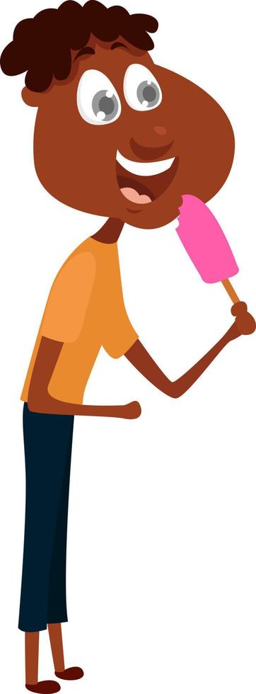 Boy eating ice cream, illustration, vector on white background.