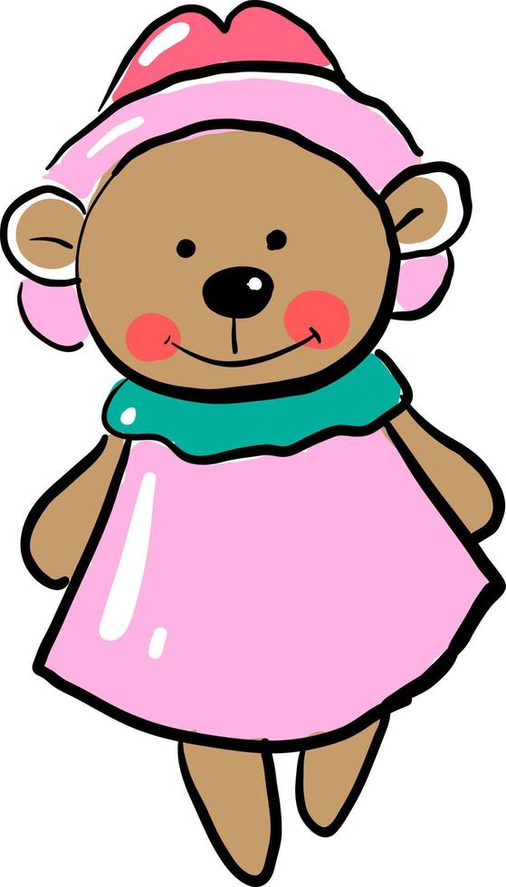 Happy teddy bear in dress, illustration, vector on white background.