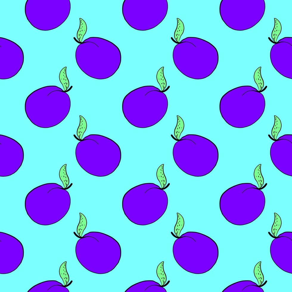 Purple plums, seamless pattern on blue background. vector