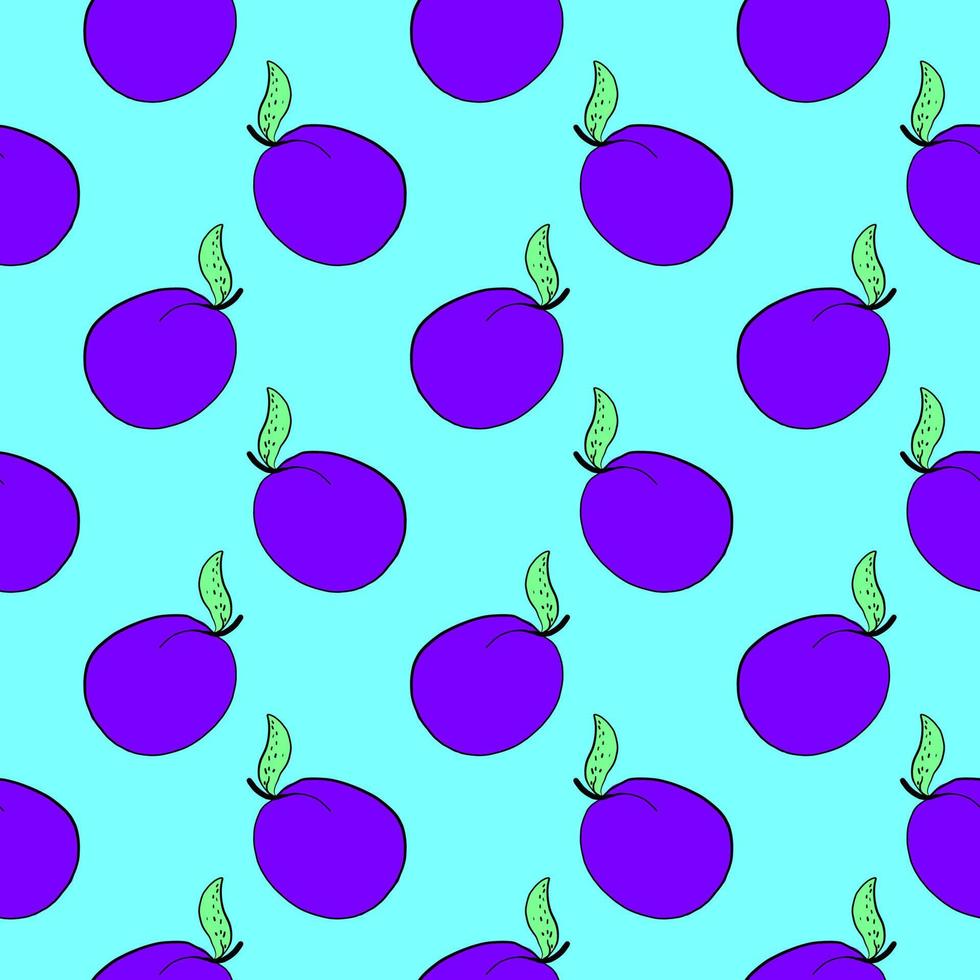 Purple plums, seamless pattern on blue background. vector