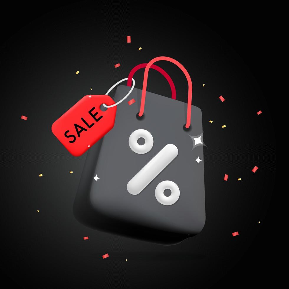 3d vector cartoon render gift bag for Black Friday with red sale discount percent tag design