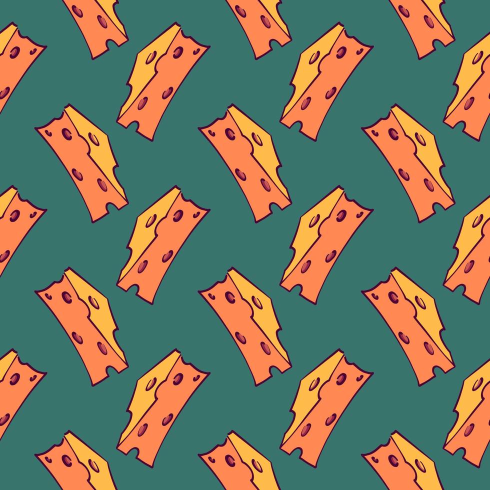 Cute cheese slices,seamless pattern on dark green background. vector