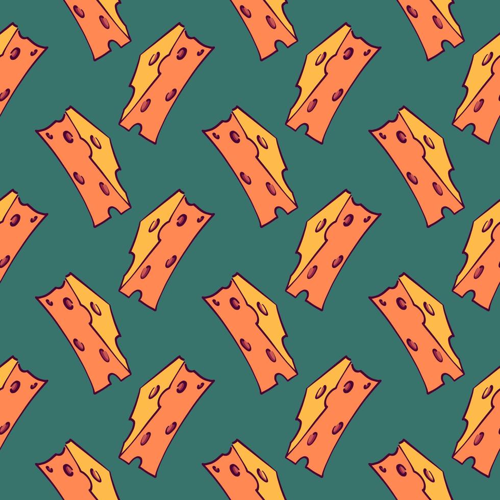 Cute cheese slices,seamless pattern on dark green background. vector