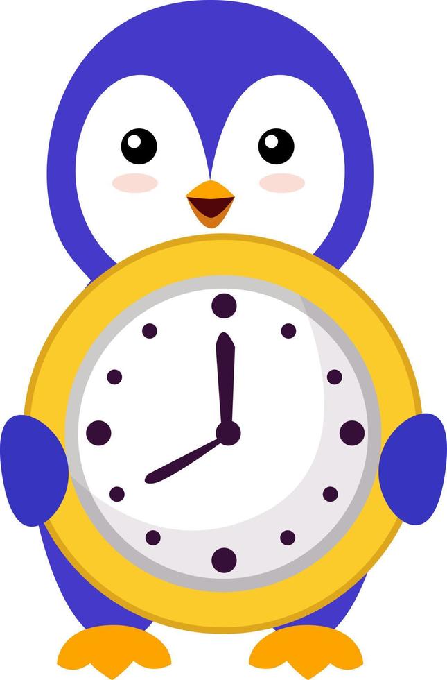 Pingüino con reloj, ilustración, vector sobre fondo blanco.
