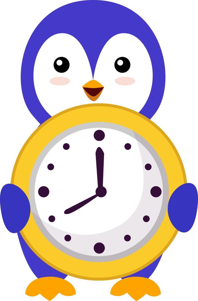 Penguin with clock, illustration, vector on white background.