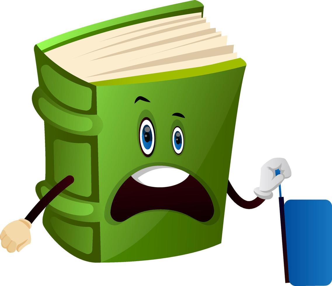 Cartoon book character is holding suitcase, illustration, vector on white background.