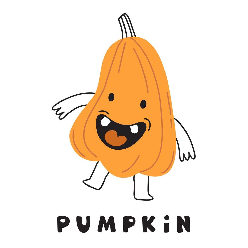 A cheerful orange pumpkin celebrates Halloween, laughs and dances. A vegetable with arms and legs scares boo Trick or Treat vector