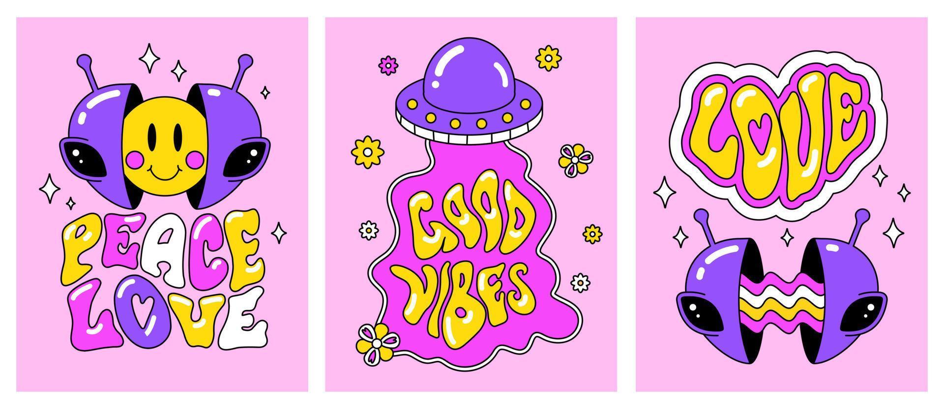 A set of bright retro postcards in the style of hippies and UFOs. Peace and love, good vibes Girl stickers, patches vector