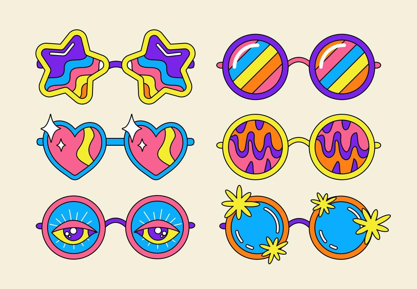 un conjunto de gafas de sol brillantes. estilo hippie. moda retra alucinaciones y psicodélicos en los ojos vector